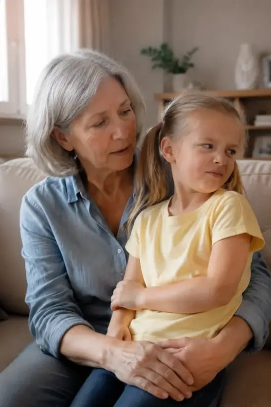Without: her granddaughter turns her face away mid-hug